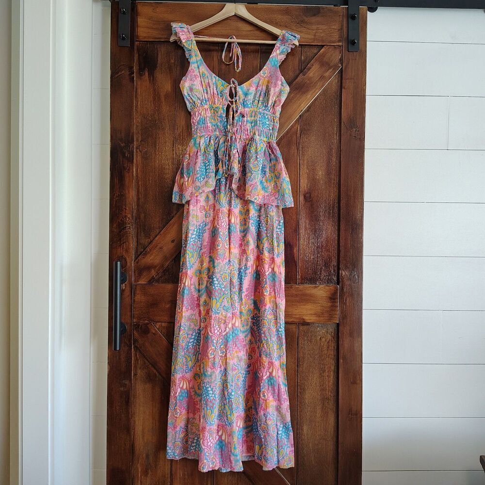 Love The Label Paisley Wide Leg Jumpsuit S Anthropologie Tie Front NWT Ruffle